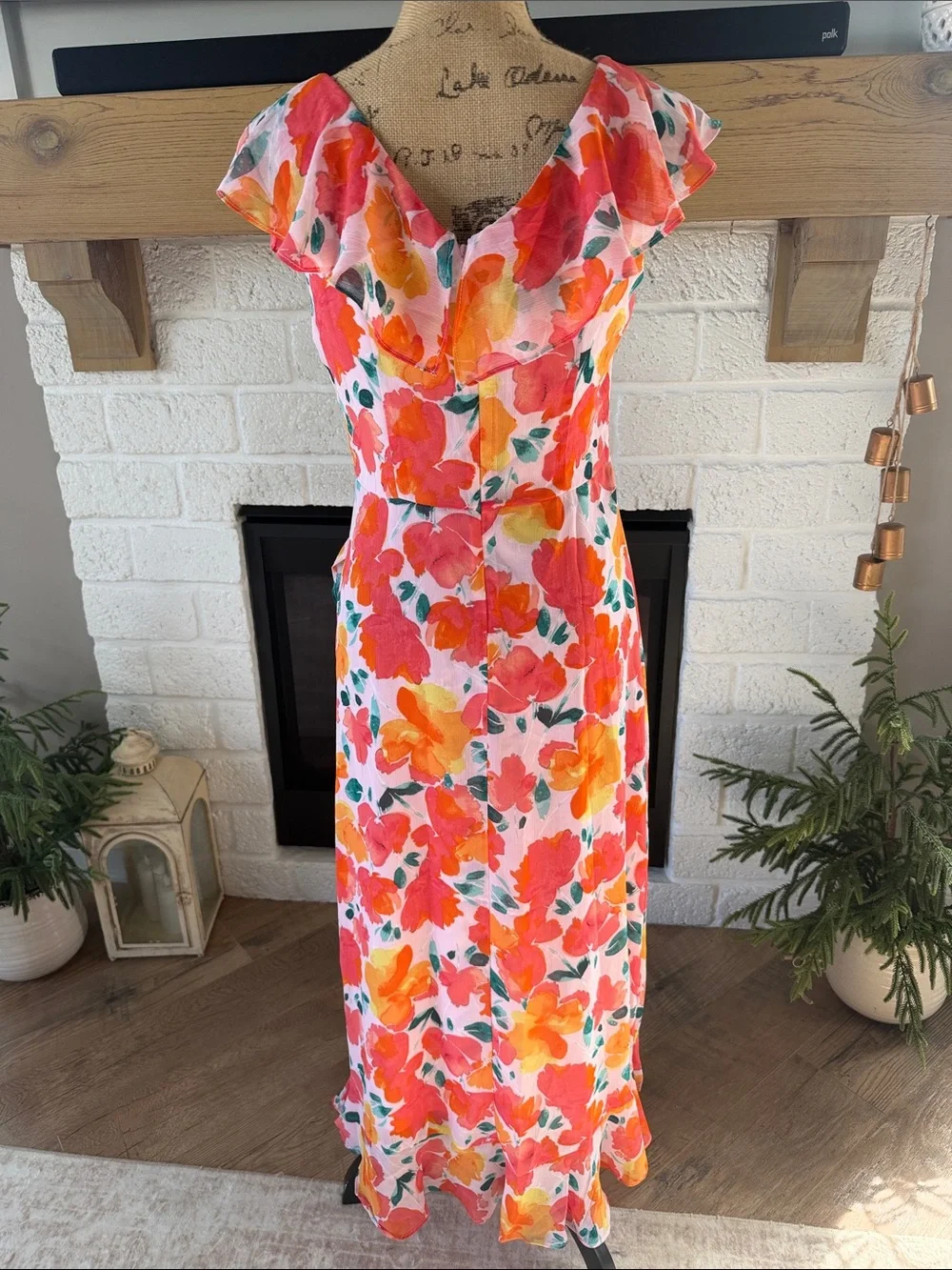 London Times Floral Ruffle Midi Dress - Pink, Orange & Green - Picture 2 of 5